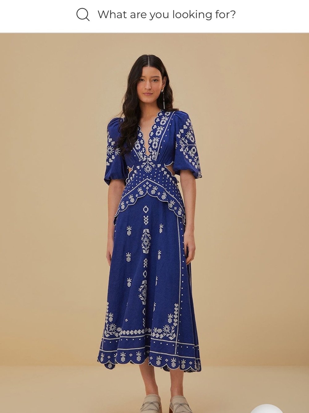 FARM Rio Blue Embroidered Puff-Sleeve Midi Dress